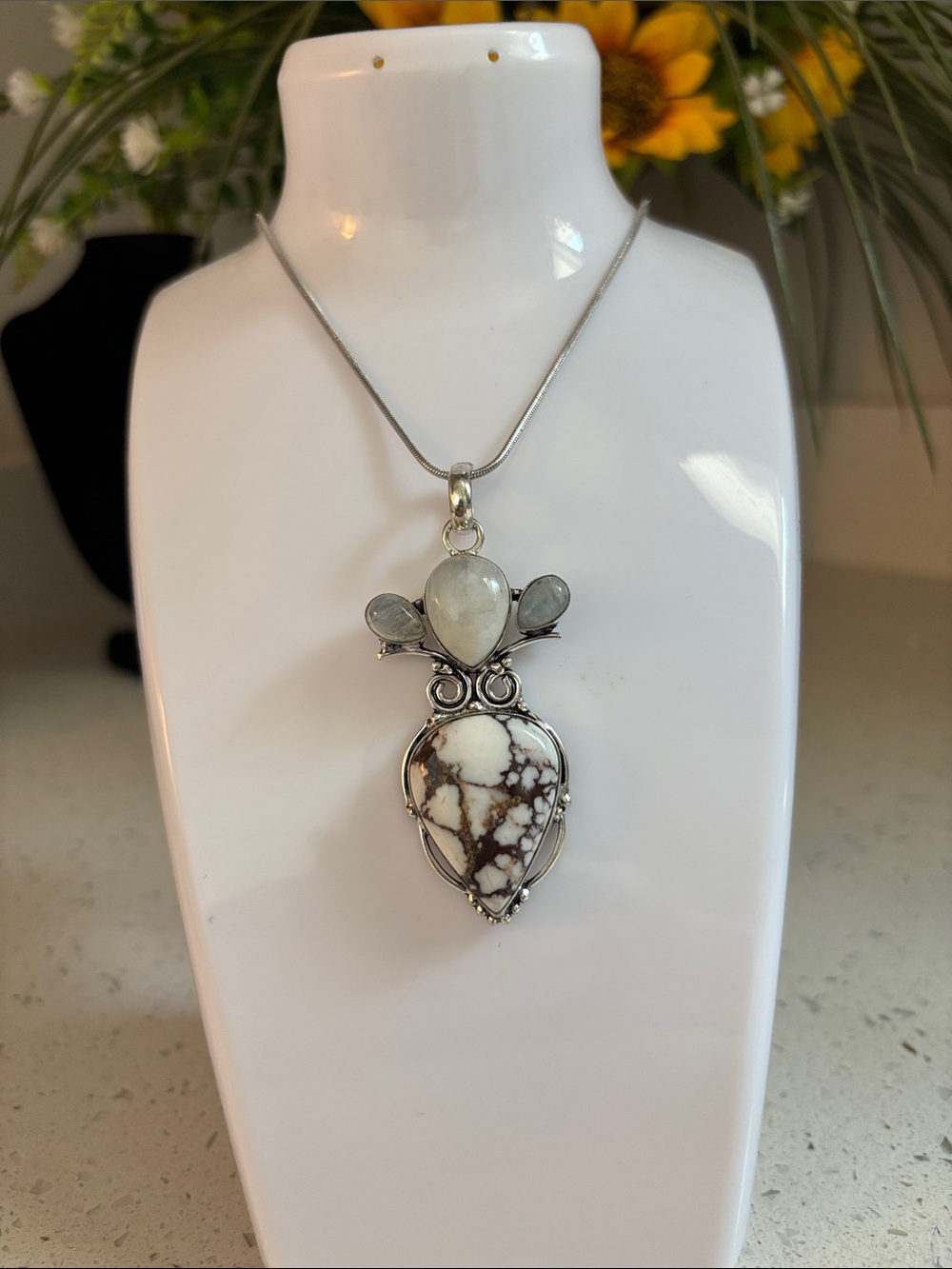 Wild Horse Jasper & Rainbow Moonstone Gemstone Pendant Necklace